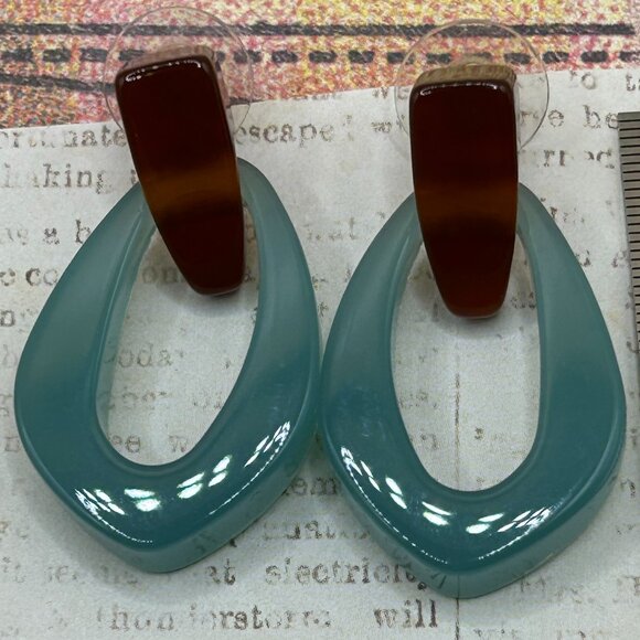 J. Crew Jewelry - J. Crew Signed Designer Bold Resin Lucite Aqua Blue Amber Drop Hoop Earrings